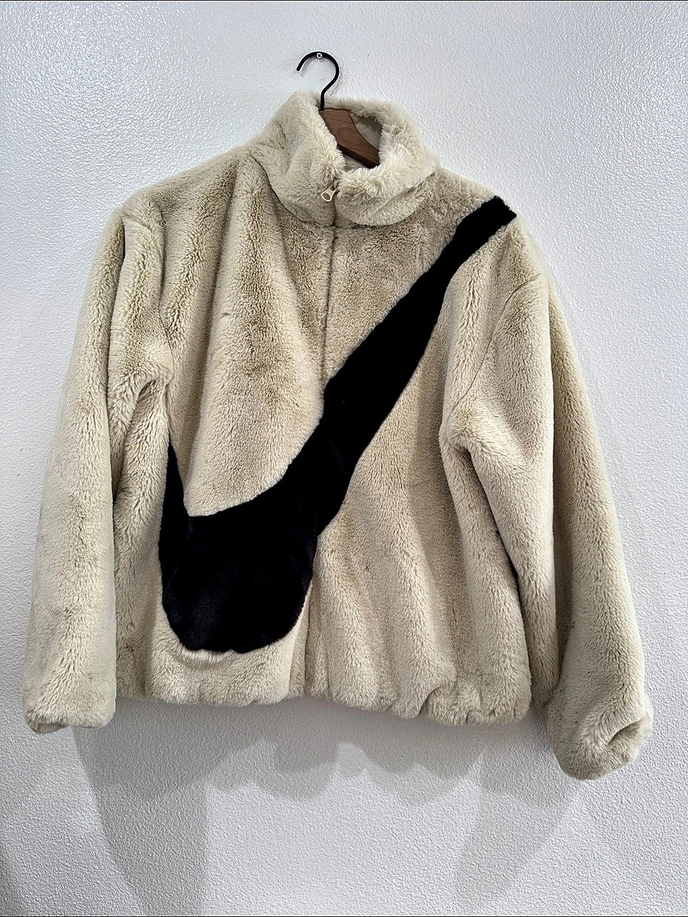 Nike Sportswear Faux Fur Swoosh Jacket Faux Fur Swoosh Jacket in Cream & Black
